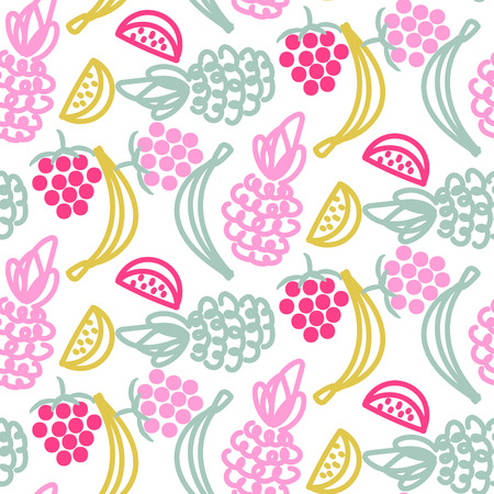 Fruits doodles cute seamless vector pattern. Neon colors pineapple and banana fruit repeat food texture for print.のイラスト素材
