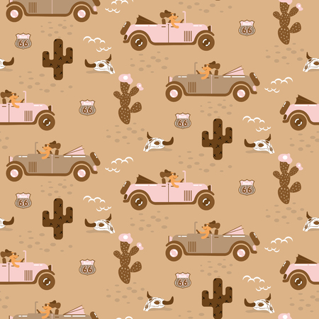 Retro seamless pattern with retro car race in sand desert.のイラスト素材