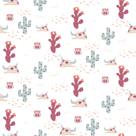 Desert Texas seamless vector pattern with cacti and cow skulls.のイラスト素材