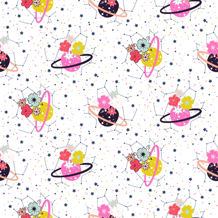 Planet kids hand drawn seamless pattern. Doodle childish cosmic floral background.のイラスト素材