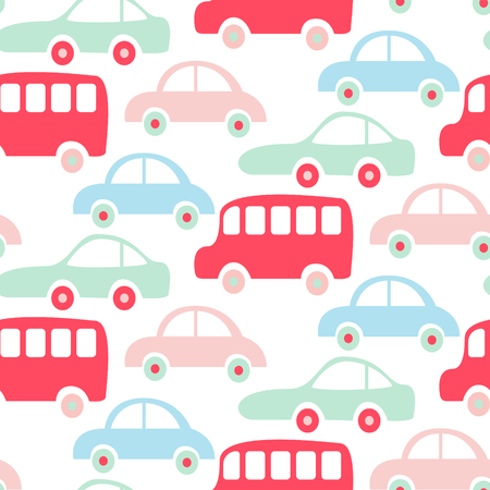 Cute colorful buses and cars seamless pattern wallpaper.のイラスト素材