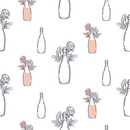 Champagne bottle with flowers line art isolated vector. Pink sparkle wine feminine tshirt print.のイラスト素材