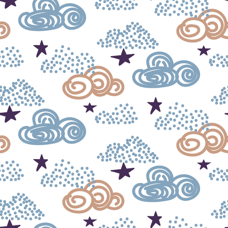 Cute baby clouds seamless vector pattern. Cartoon hand drawn skies repeat background for kids apparel and linen.のイラスト素材
