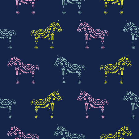 Horse seamless pattern with floral decorative silhouette texture blue background. Elegant repeat fabric texture wrap design.のイラスト素材