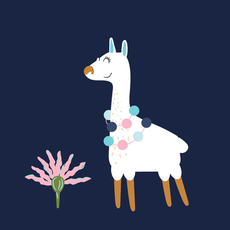 Cute lama and flower isolated cartoon vector illustration. Funny animal with garland on neck for shirt and apparel print.のイラスト素材