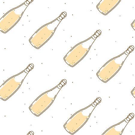 Champagne bottle celebration seamless pattern. Hand drawn sparkling wine festive background texture.のイラスト素材