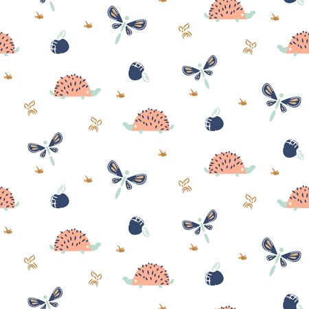 Cute hedgehogs and dragonflies forest pattern on white seamless background. Cartoon style beautiful forest theme.のイラスト素材