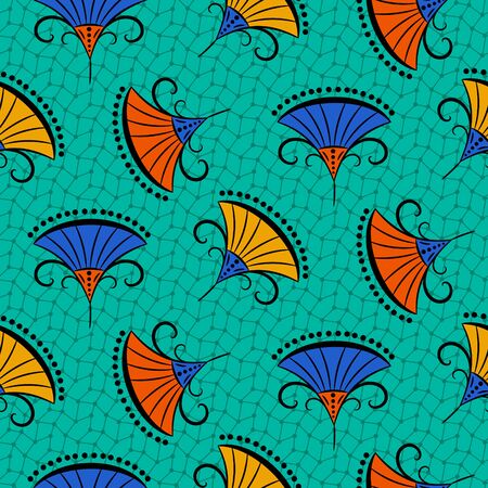 African style bright seamless  pattern. Fabric print textile design. Teal blue floral fan shapes mesh background.のイラスト素材