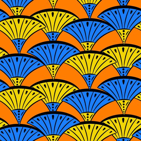 African style bright seamless pattern. Fabric print textile design. Orange and blue floral fan shapes background.のイラスト素材
