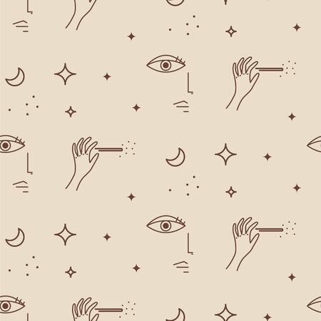 Minimal style seamless pattern with hands, wand and eye. Whimsical design texture.のイラスト素材