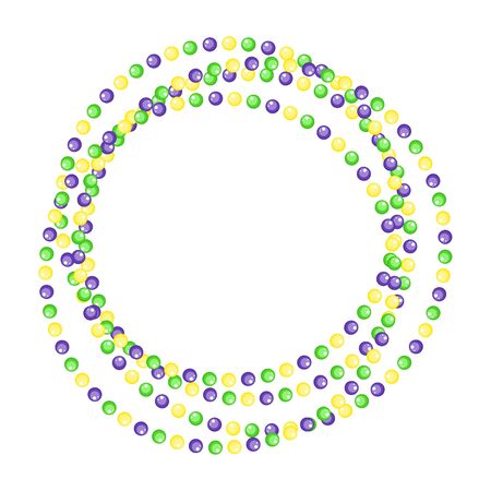 Mardi Gras beads circle jewelry border strings isolated on white background. Vector illustration. Bead garland green, purple and yellow.のイラスト素材