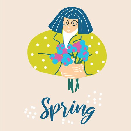 Woman with a bouquet of flowers spring cartoon illustration vector. Cute lady holding flowers bright greeting card design.のイラスト素材