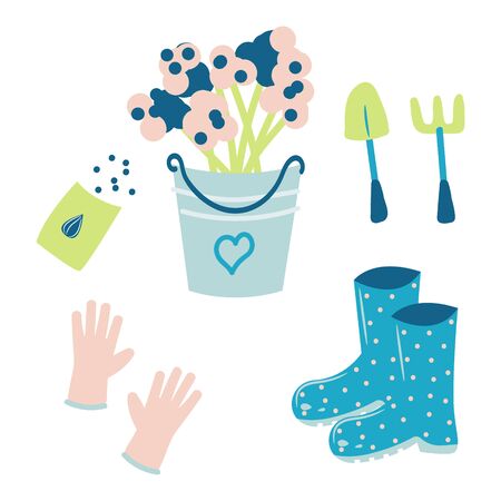 Set of hand drawn gardening tools - flowers in a bucket, gloves, rubber boots and seeds. Vector spring illustration.のイラスト素材