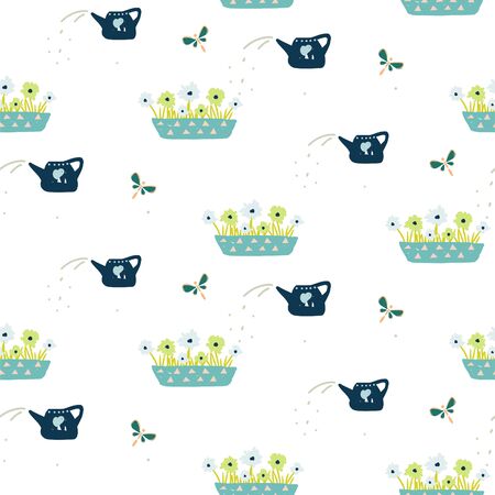 Seamless pattern with hand drawn gardening tools - flowers in a pot and watering can. Vector spring illustration background.のイラスト素材
