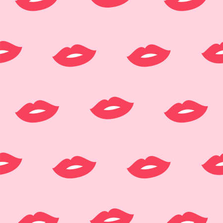 Glam pink lips seamless background. Makeup kiss mark lips in cartoon 90s style on white background vector.のイラスト素材