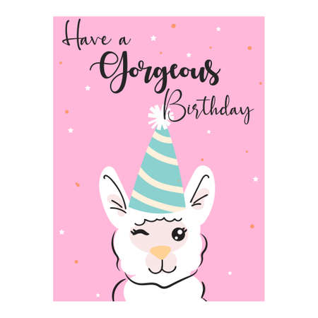 Happy birthday Lama card. Alpaca cute character with cone hat vector illustrationのイラスト素材
