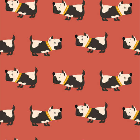 Cute dogs pattern for kids apparel,fabric, textile, nursery decoration,wrapping paper. Red baby background with puppiesのイラスト素材