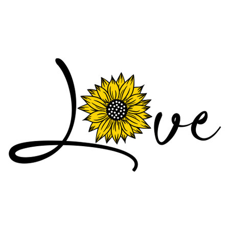 Sunflower Love letters vector Illustration on white background. Sunflower love floral decor.のイラスト素材