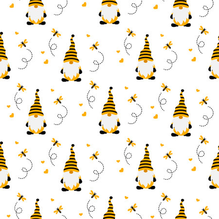Cute garden gnomes and bees on white background. Seamless pattern with honey bees for fabric, wrap paper or kids apparel.のイラスト素材