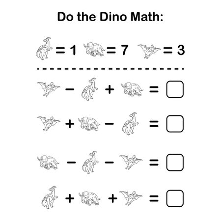Math puzzle for kids. Mathematics educational game for children. Learning counting dinosaur worksheet for kidsのイラスト素材
