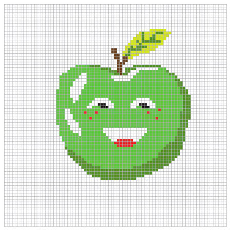 Pixel apple fruit for puzzles, games or cross stitch designs. Pixelated style 8 bit icon large scale isolated on white background. Minimalistic pixelart vectorのイラスト素材