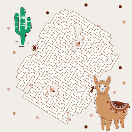 Maze labyrinth game Llama vector illustration. Square format puzzle for kids.のイラスト素材