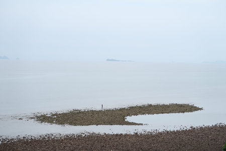 Beautiful shaped sandbank near a beach in a cloudy day
