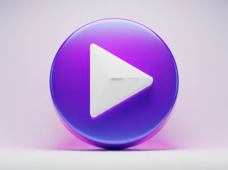 This image features a vibrant purple play button icon isolated on a white background. The play button is designed in a modern, sleek style with a gradient effect, making it stand out prominently against the white backdrop. The image is clear and SEO-friendly, ideal for use in digital media and design projects.の素材