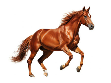 This image features a dynamic brown horse in mid-gallop, isolated on a white background. The horse is captured with its mane flowing, showcasing its powerful and graceful movement. The white background enhances the focus on the horse, making it the central element of the image.の素材