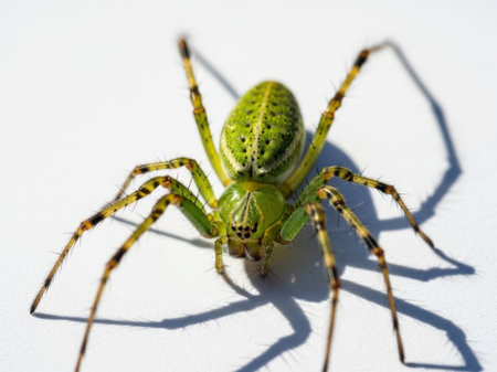 This image features a close-up of a green spider isolated on a white background. The spider has a distinct green body with visible spots and long, slender legs. The white background provides a stark contrast, highlighting the spider's details and making it the central focus of the image.の素材