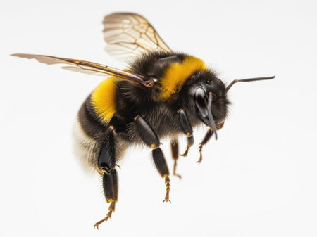 A close-up image of a bumblebee with distinct yellow and black stripes, isolated on a white background. The bee is captured mid-flight with its wings spread, showcasing its detailed anatomy.の素材