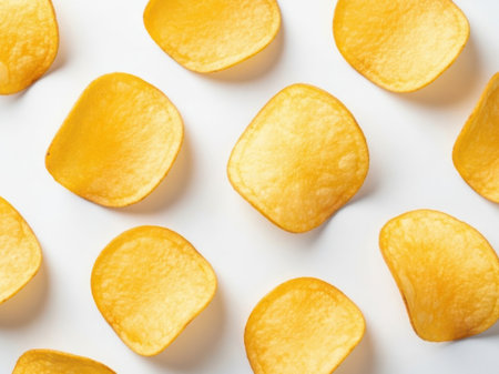 This image features a collection of crispy potato chips arranged on a white background. The chips are golden brown and have a wavy, ridged texture. The white background provides a clean and contrasting backdrop, making the chips the focal point of the image. This image is ideal for use in food photography, advertising, or culinary websites.の素材