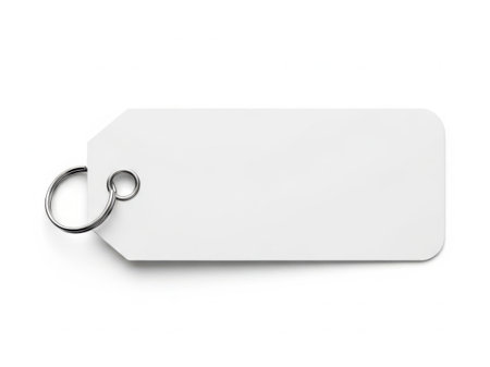 This image features a blank price tag attached to a metal ring, isolated on a white background. The tag is rectangular with smooth edges and a metallic ring at the top, providing a clean and minimalistic look. Ideal for retail, pricing, or labeling concepts.の素材