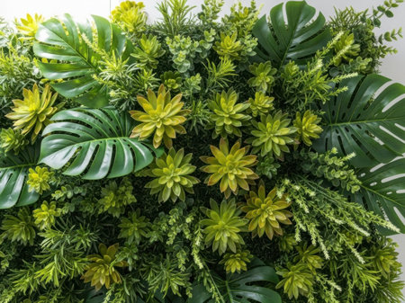 This image features a lush tropical plant arrangement with various green leaves and yellow flowers, all set against a clean white background. The composition is vibrant and detailed, making it ideal for use in design or nature-related projects.の素材