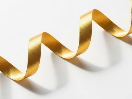 This image features a close-up of a golden curled ribbon elegantly displayed against a clean, white background. The ribbon's shiny texture and smooth curves are highlighted, making it the focal point of the image. The white background enhances the visibility and beauty of the golden ribbon, creating a striking contrast.の素材