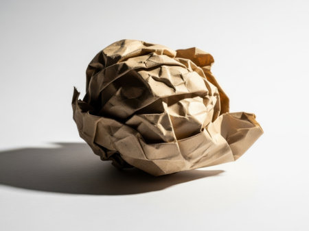 This image features a crumpled paper ball set against a clean, white background. The paper appears to be crinkled and folded, creating a textured and uneven surface. The simplicity of the white background emphasizes the details and shadows of the crumpled paper, making it the focal point of the image. The lighting casts subtle shadows, adding depth to the composition.の素材