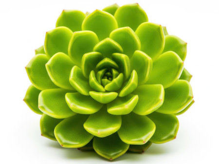 This image features a vibrant green succulent plant with a detailed, symmetrical arrangement of leaves. The plant is isolated on a clean, white background, making it the focal point of the image. The succulent appears healthy and well-cared for, showcasing the natural beauty of its structure.の素材