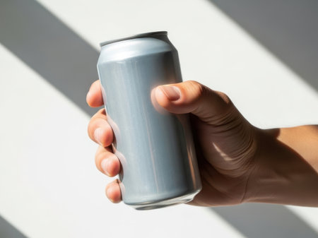 The image depicts a hand holding a soda can against a white background. The hand is positioned in such a way that the fingers are wrapped around the can, with the thumb resting on top. The soda can is silver in color and appears to be a standard size. The white background provides a clean, minimalistic setting, emphasizing the hand and the soda can. This image is ideal for use in advertisements, product presentations, or lifestyle photography.の素材