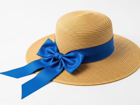 This image features a stylish straw hat with a wide brim and a prominent blue bow adorning the front. The hat is isolated on a clean, white background, making it the focal point of the image. Ideal for summer fashion or beachwear, the hat's natural color contrasts beautifully with the vibrant blue bow. The image is clear and SEO-friendly, perfect for fashion and accessory searches.の素材