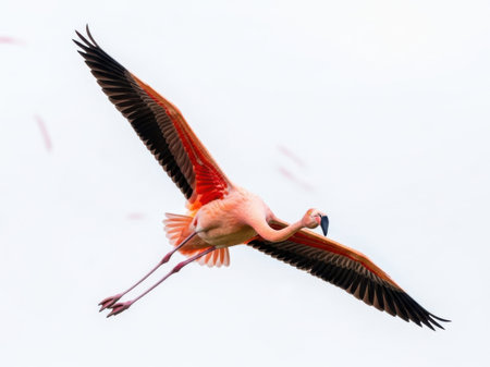 This image features a single flamingo in mid-flight against a white background. The flamingo's vibrant pink body and black-tipped wings are prominently displayed, creating a striking contrast with the plain white backdrop. The bird is captured with its wings spread wide, showcasing its graceful form and elegant posture. Ideal for nature and wildlife enthusiasts, this image is SEO-friendly and perfect for various digital applications.の素材
