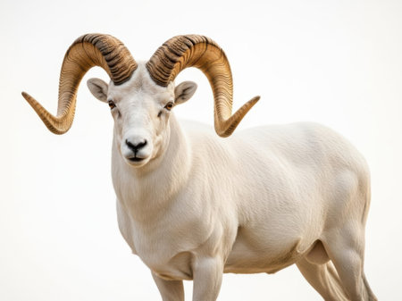 This image features a white ram with large, curved horns standing against a white background. The ram is positioned centrally and is the sole focus of the image, creating a stark contrast with the background. The simplicity of the background emphasizes the ram's features, making it a striking and clear photograph suitable for various uses.の素材