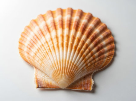 This image features a single seashell with a light orange and white coloration, isolated against a clean white background. The seashell has a fan-like shape with intricate patterns and grooves. The image is well-lit, highlighting the natural texture and details of the seashell.の素材