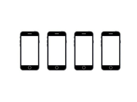 This image features four smartphones arranged in a horizontal line, each isolated on a white background. The smartphones are black with a circular home button at the bottom and a blank screen. The image is clear and SEO-friendly, ideal for use in technology-related content.の素材