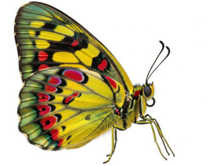 This image features a beautifully detailed butterfly with vibrant yellow, green, and red markings. The butterfly is isolated on a white background, making its colors stand out prominently. The wings are adorned with intricate patterns and spots, and the butterfly's antennae are clearly visible. This image is ideal for nature and wildlife enthusiasts.の素材