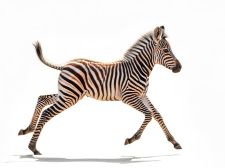 A young zebra foal is captured mid-stride, running energetically against a white background. The image highlights the zebra's distinctive black and white stripes, with the foal's legs spread out in motion. The white background enhances the visibility of the zebra's unique patterns and provides a stark contrast.の素材