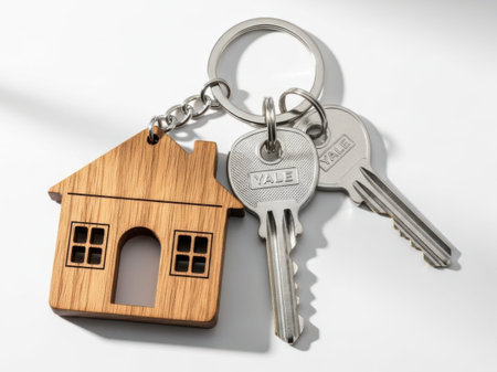 The image features a house-shaped keychain attached to a set of keys on a white background. The keychain is made of wood and has a simple house design with a door and two windows. The keys are silver and have the word 'Yale' engraved on them. The image is clear and SEO-friendly, emphasizing the keychain and keys against the white backdrop.の素材
