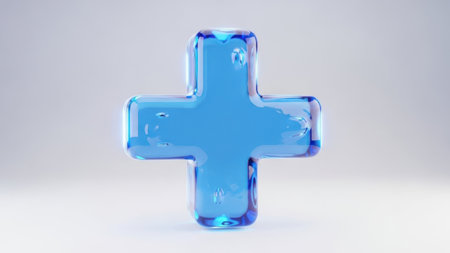 This image features a three-dimensional blue plus sign prominently displayed against a clean, white background. The plus sign has a glossy, reflective surface, adding depth and dimension to the image. The white background ensures that the blue plus sign stands out clearly, making it the focal point of the image. This image is ideal for use in design, marketing, or educational materials where a clear, isolated symbol is needed.の素材