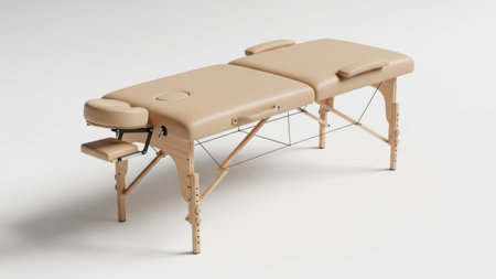 This image features a massage table with a beige cushion, wooden frame, and adjustable headrest, isolated on a white background. The table is designed for professional use, likely in a spa or wellness setting. The white background ensures the focus is solely on the massage table, highlighting its features and design.の素材