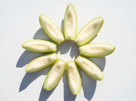 This image features several slices of kiwi fruit arranged in a circular pattern on a white background. The kiwi slices are neatly placed, creating an aesthetically pleasing design. The white background enhances the visibility of the green flesh and black seeds of the kiwi slices, making them the focal point of the image. This image is ideal for use in culinary presentations, fruit displays, or healthy eating promotions.の素材