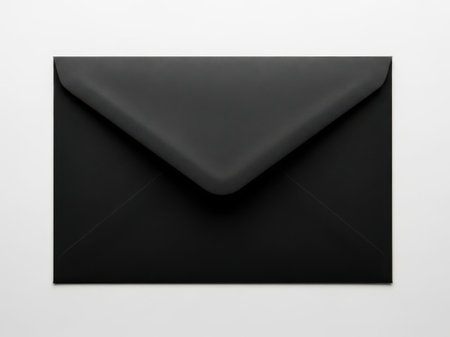 This image features a single black envelope placed centrally against a clean, white background. The envelope is closed and appears to be in pristine condition, with no visible markings or text. The stark contrast between the black envelope and the white background makes the envelope the focal point of the image. This image is ideal for use in stationery, postal, or communication-related contexts.の素材